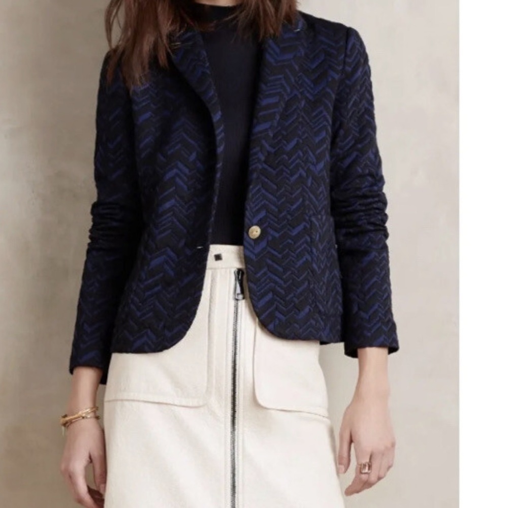 Anthropologie Cartonnier Navy Black Chevron Patterned Blazer suit coat Sz 4‎